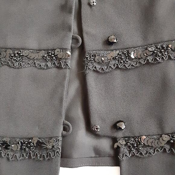 Vintage 90s Black Sequin Blazer Round Neck Jacket Button Front Shoulder Pads 12 - Picture 4 of 12